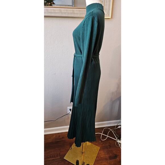 Sandra Darren Mock Neck Tie Waist Sweater Dress Women Size L Dark Green Ribbed‎ - Picture 4 of 7